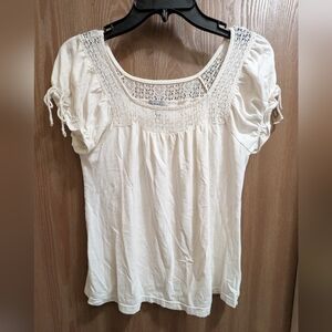 Old Navy Cream Lace/Cord Accent Blouse 2000s Soft Loose Fit